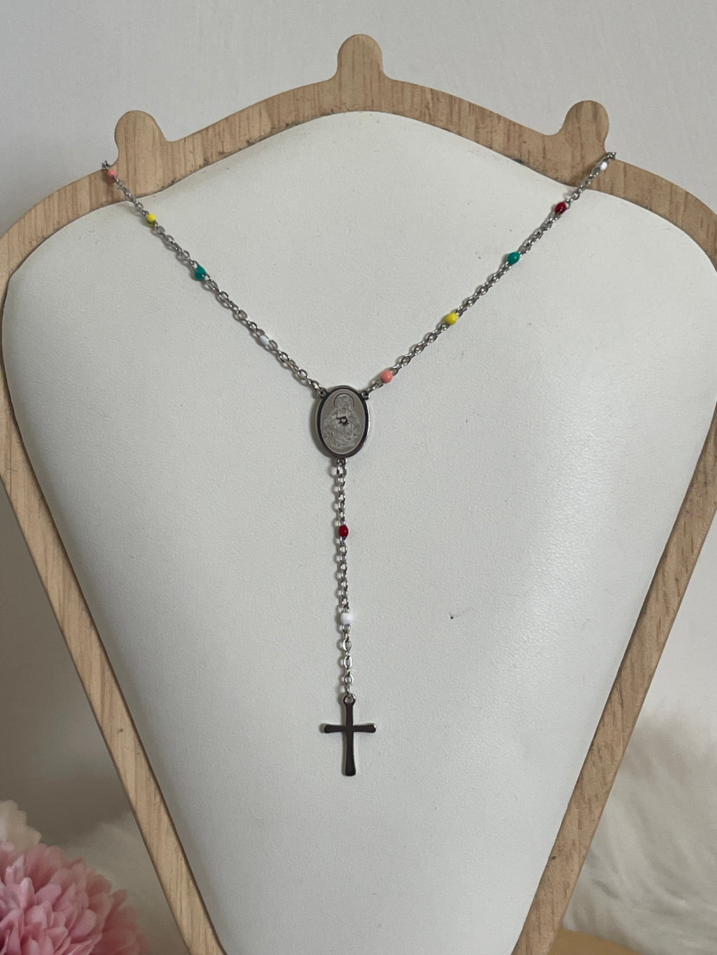 Collana Rosario Via Lucis in Acciaio Inossidabile con Perline e Croce