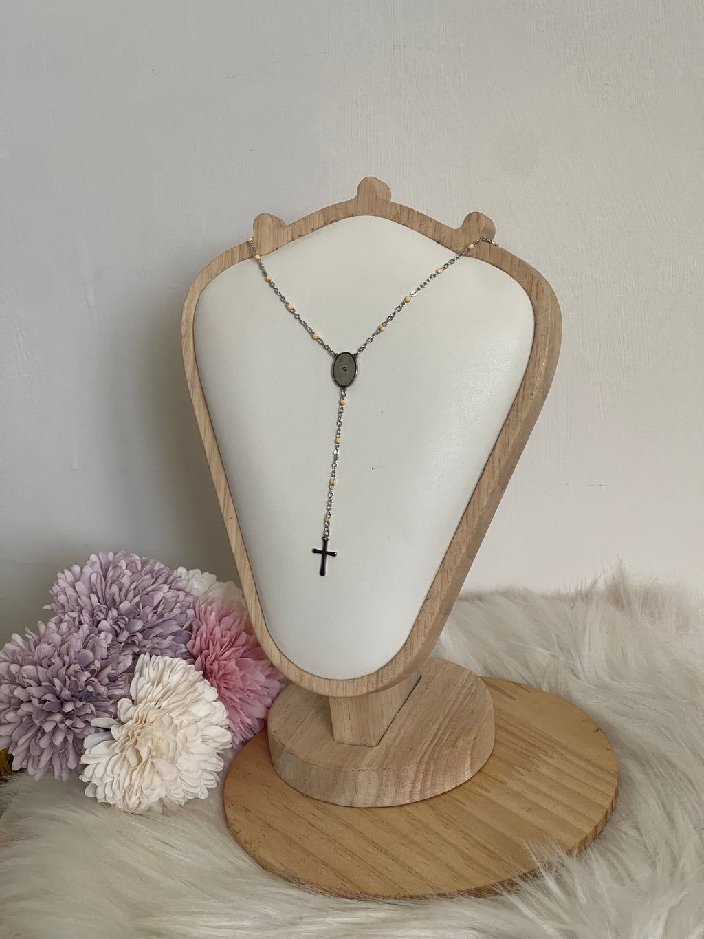Collana Rosario Via Lucis in Acciaio Inossidabile con Perline e Croce
