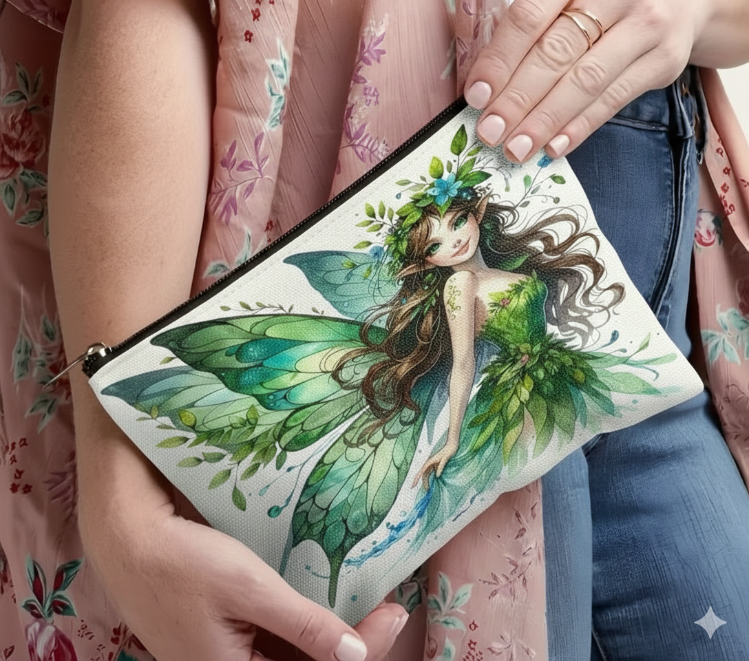 Pochette Trucchi in Tela "Fata della Foresta" – Beauty Case Elegante e Capiente – 22x18 cm