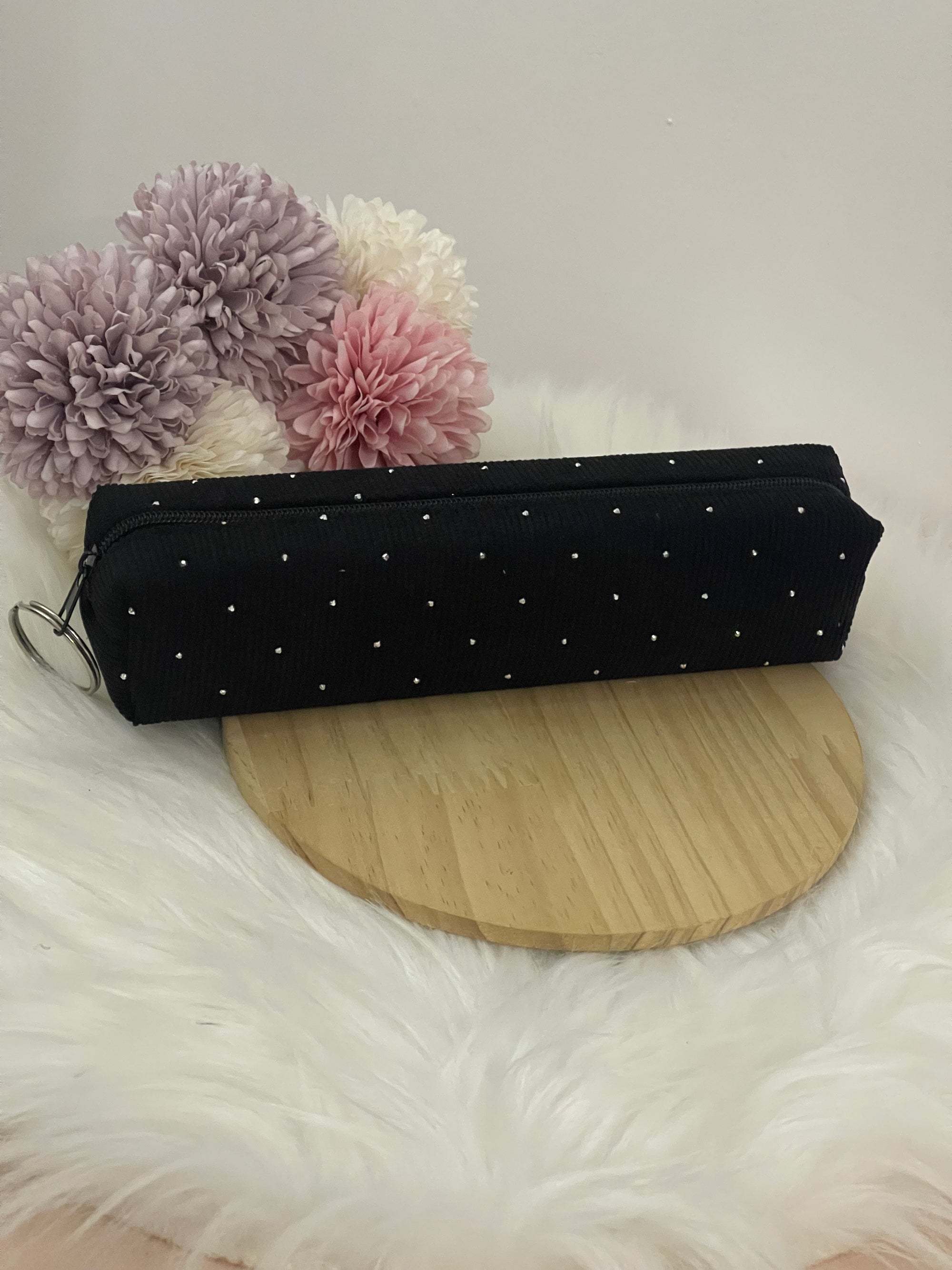 Pochette Tombolino Trucco in Velluto a Coste con Strass – Astuccio Portatrucchi Elegante e Compatto (Disponibile in 6 Colori)