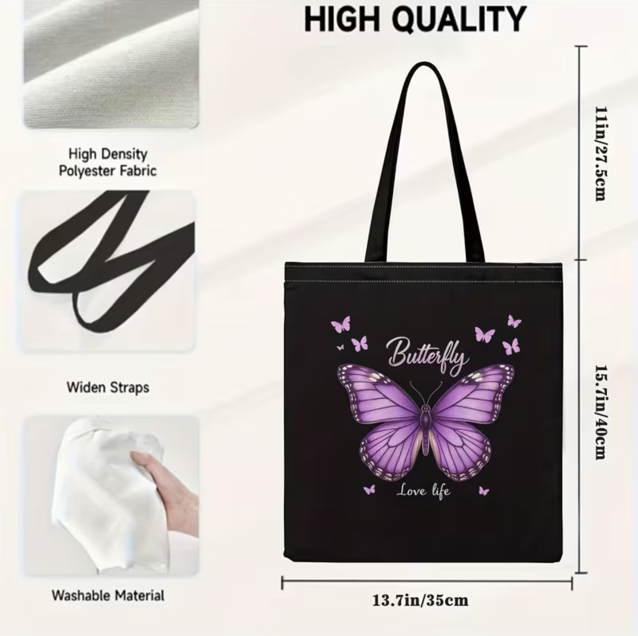 Tote Bag Estetica "Butterfly Love Life" – Borsa in Tela Nera con Farfalla Viola