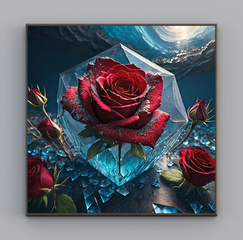 Kit Diamond Painting 5D Fai-da-Te - Rosa Rossa nel Cristallo (20x20 cm) - Mosaico con Diamanti Completo