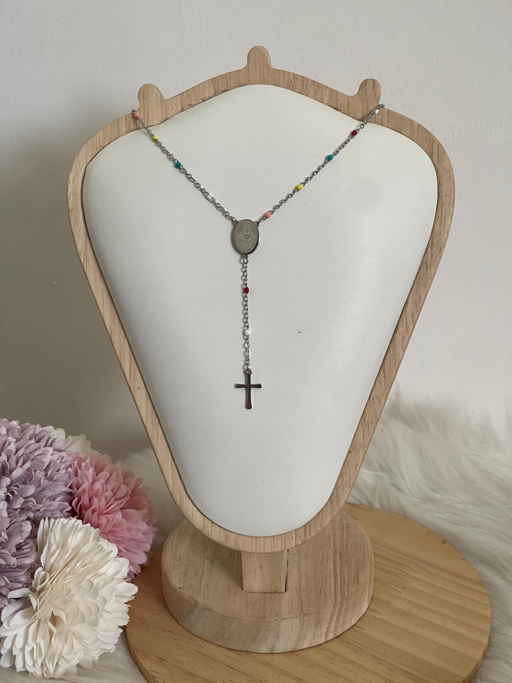 Collana Rosario Via Lucis in Acciaio Inossidabile con Perline e Croce