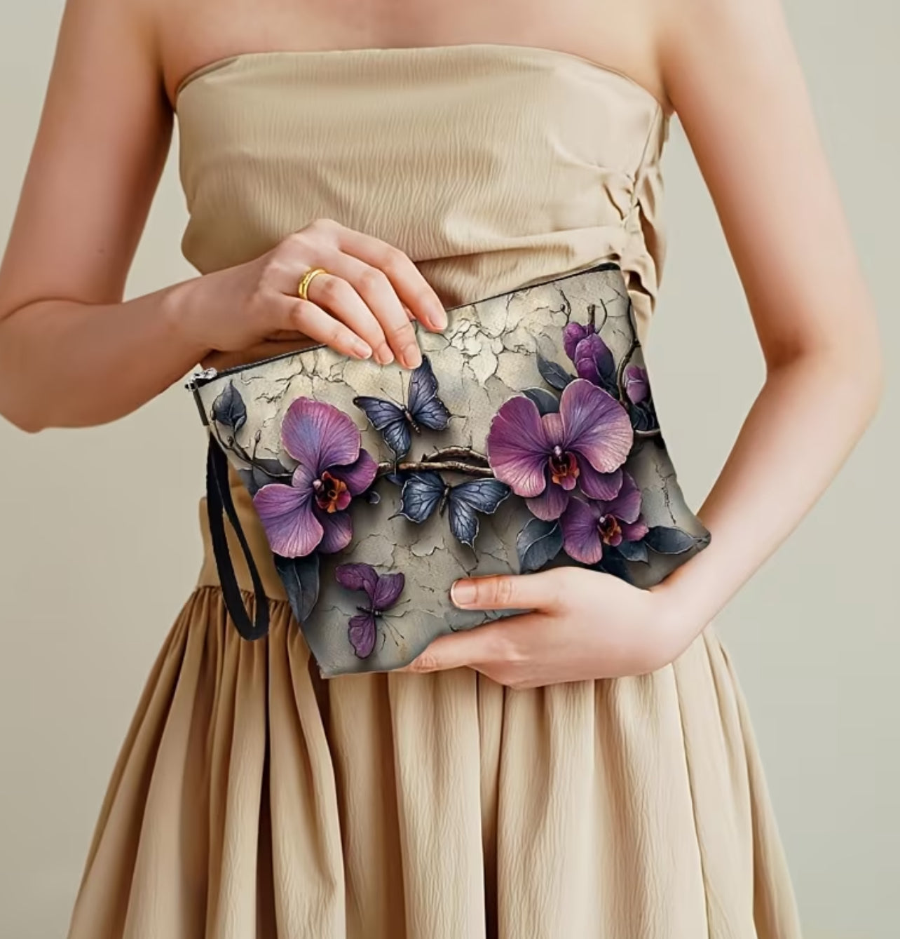 Pochette Donna Elegante con Stampa Orchidee e Farfalle 3D - Beauty Case da Viaggio e Borsa a Mano con Cinturino