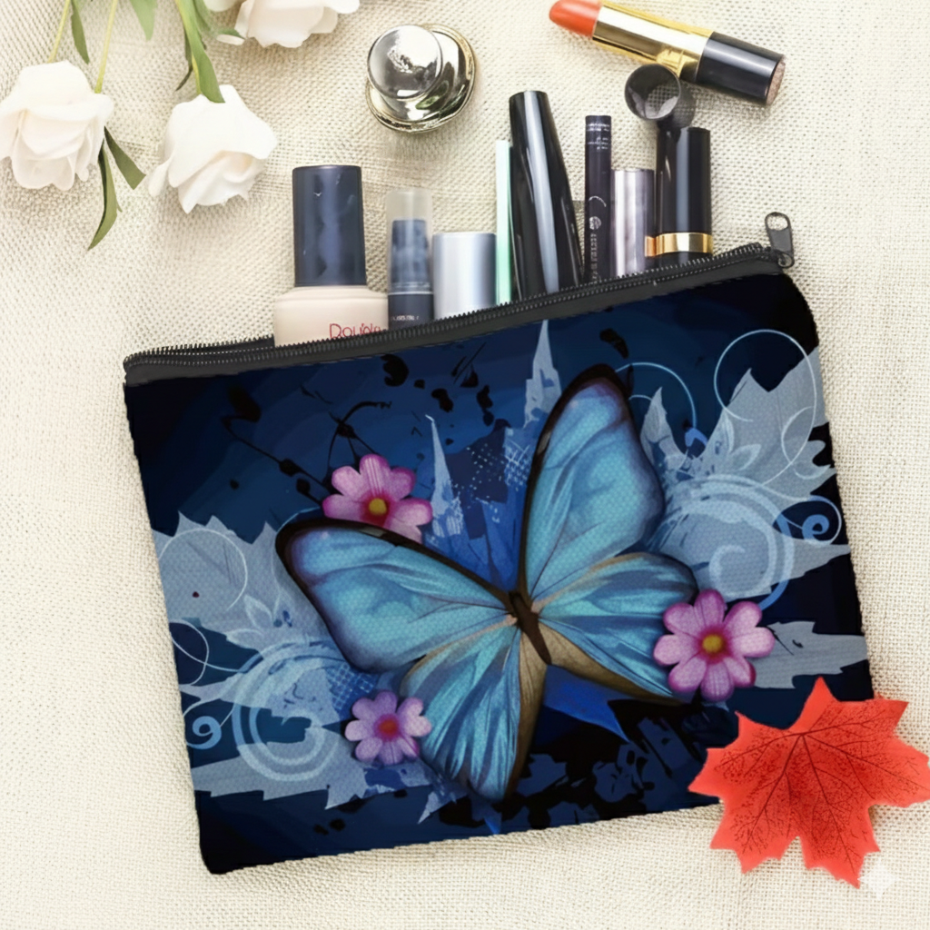 Pochette Donna con Farfalla Blu e Fiori - Beauty Case Impermeabile Multiuso