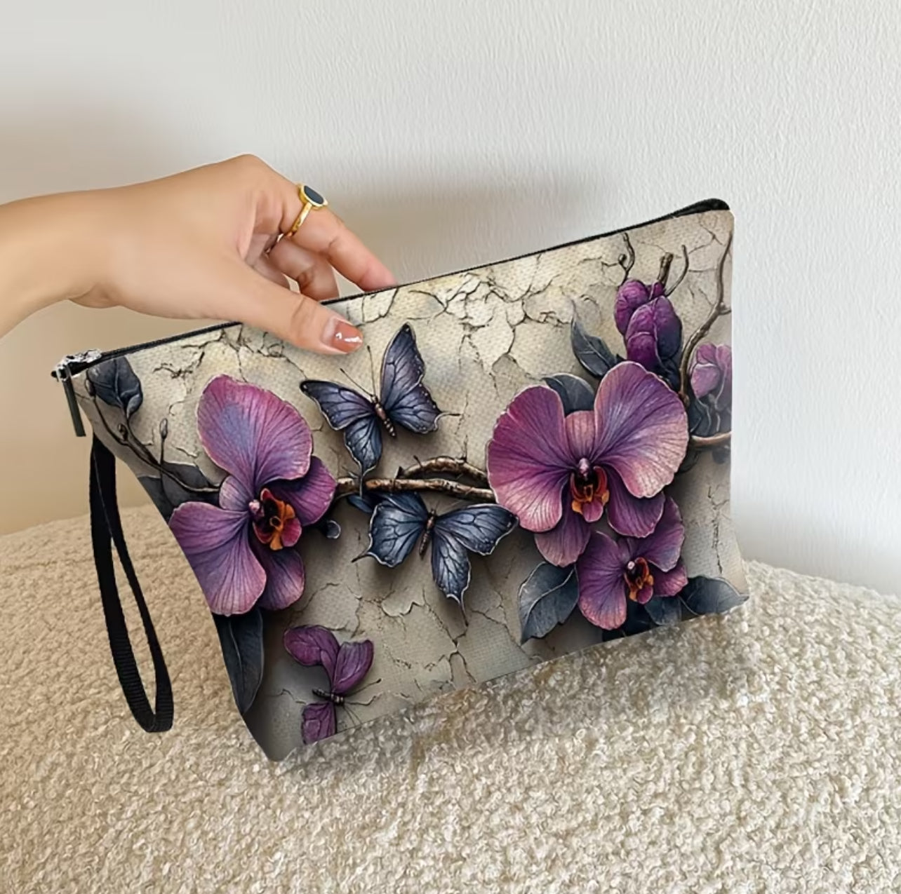 Pochette Donna Elegante con Stampa Orchidee e Farfalle 3D - Beauty Case da Viaggio e Borsa a Mano con Cinturino