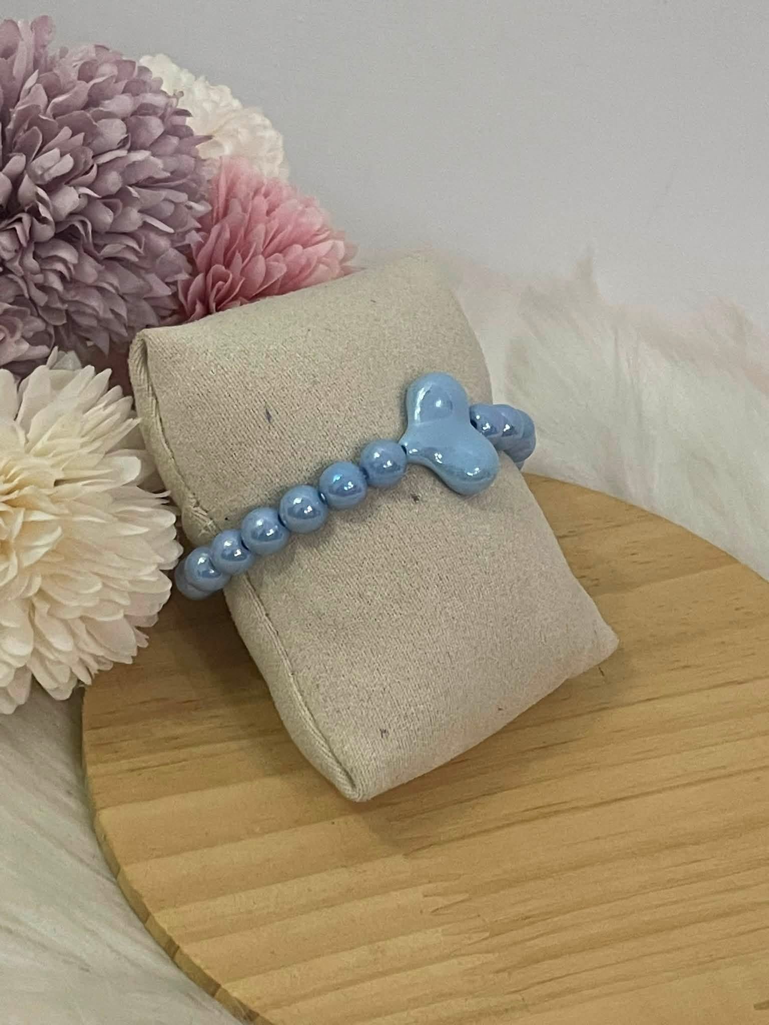Bracciale Summer Crush Elastico Celere con Perle Lucide e Ciondolo a Cuore Azzurro
