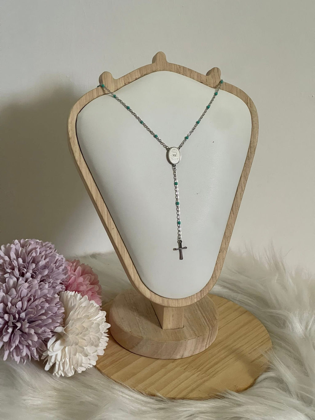 Collana Rosario Via Lucis in Acciaio Inossidabile con Perline e Croce
