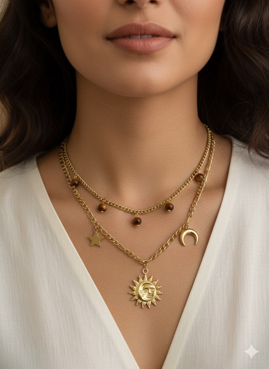 Collana Eclipse a Strati Astro-Boho in Acciaio Inossidabile - Sole, Luna e Stelle