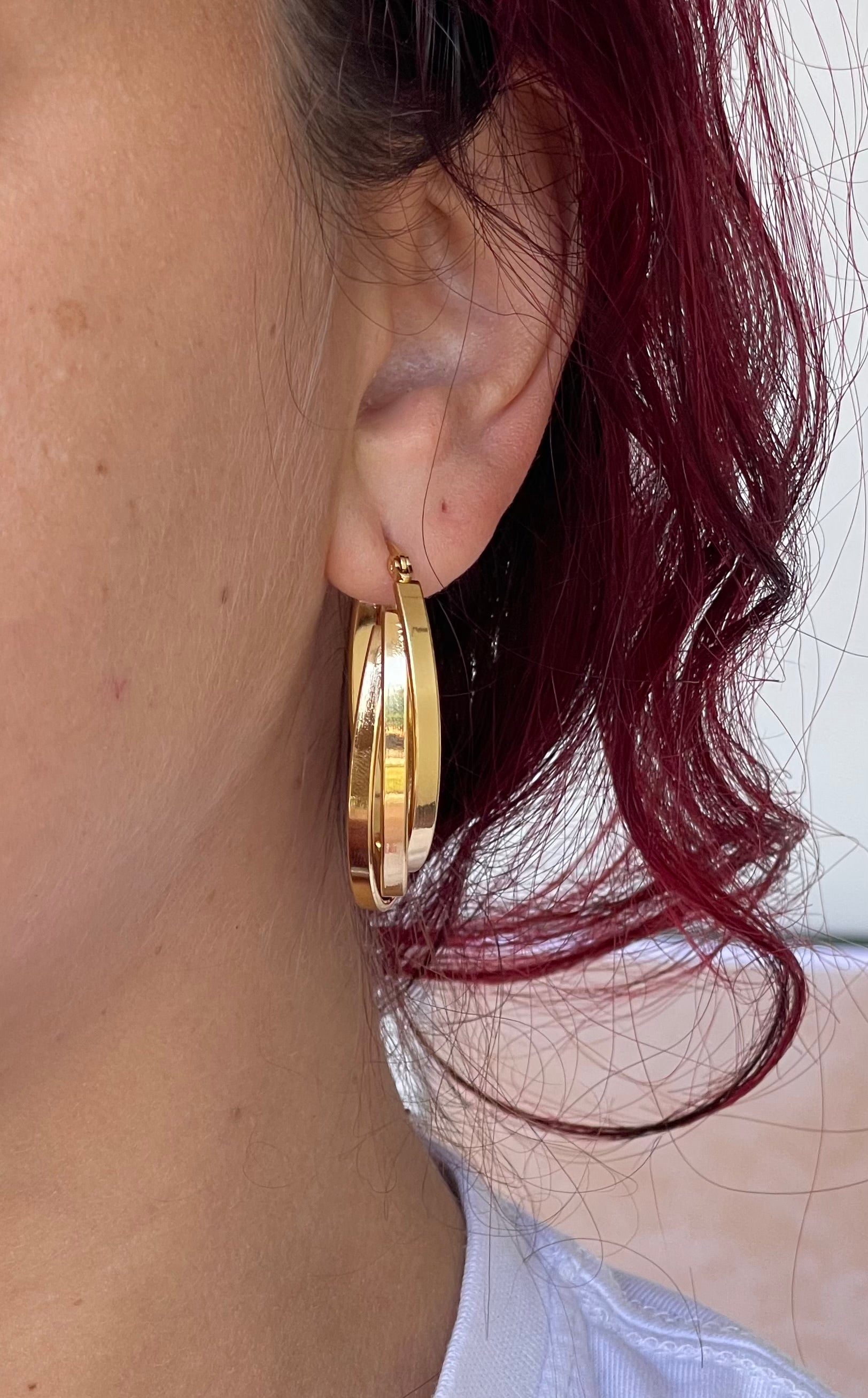 Orecchini Athena a Cerchio Triplo Oro Acciaio Inossidabile - Grandi Cerchi Eleganti per Donna | Anallergici