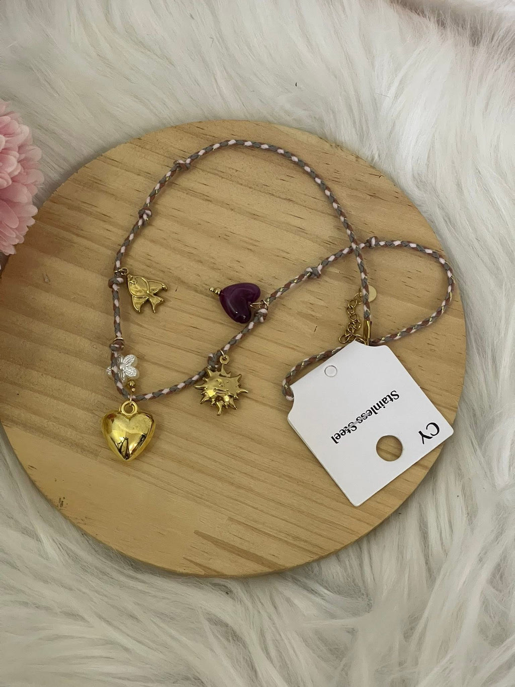 Collana Aura Summer Charm Estiva in Acciaio Inossidabile - Girocollo Cordino Intrecciato Grigio e Rosa con Ciondoli Sole, Cuore e Fiore