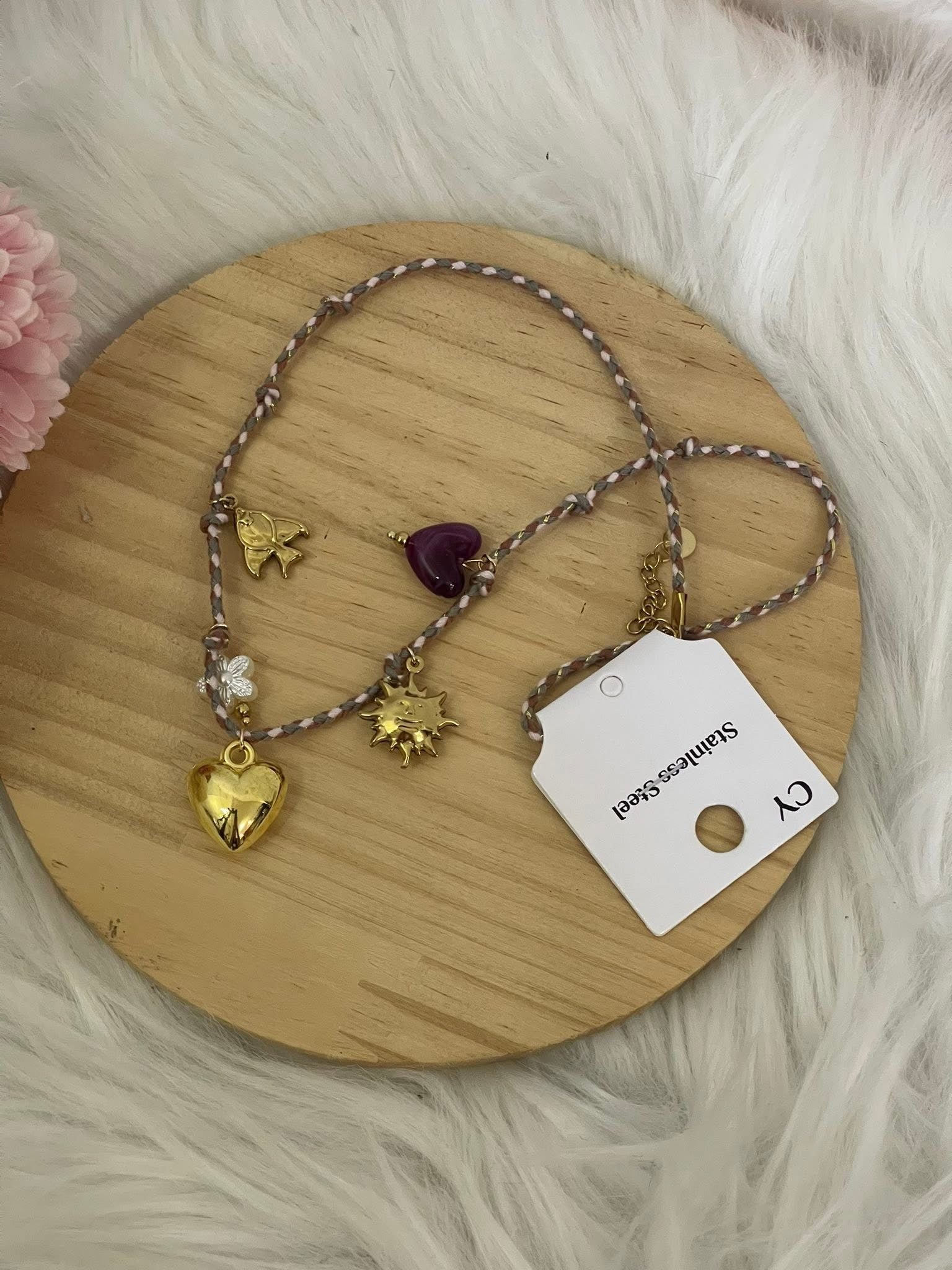 Collana Aura Summer Charm Estiva in Acciaio Inossidabile - Girocollo Cordino Intrecciato Grigio e Rosa con Ciondoli Sole, Cuore e Fiore