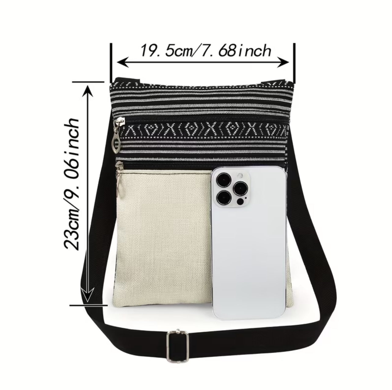 Borsa a Tracolla in Tela - Design Gatto e Farfalla - Borsello Etnico con Multi-Tasche