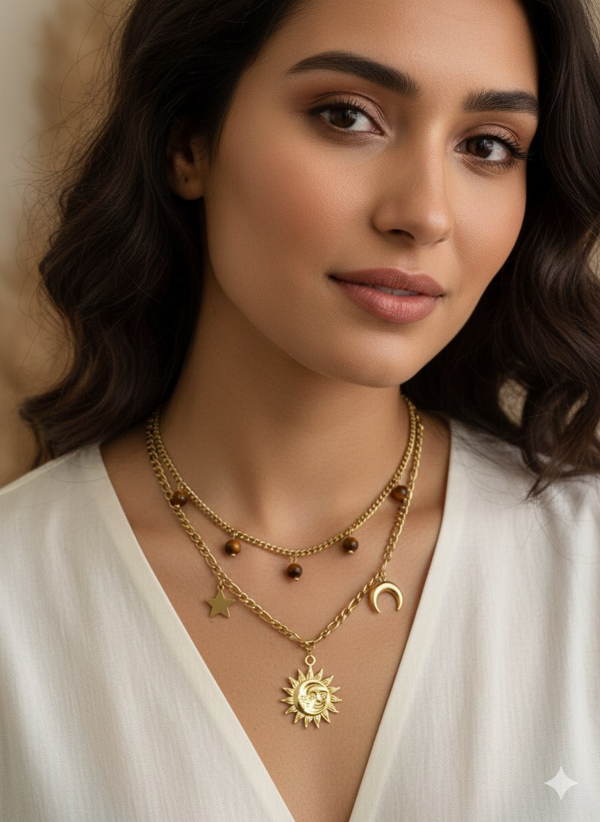 Collana Eclipse a Strati Astro-Boho in Acciaio Inossidabile - Sole, Luna e Stelle