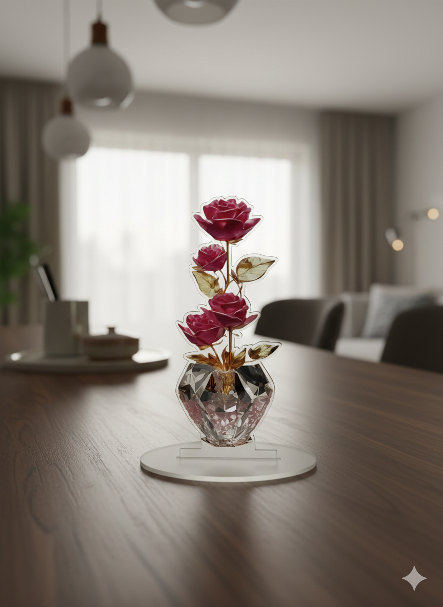 Rosa Eterna in Acrilico con Vaso a Diamante – Decorazione Floreale Moderna da Tavolo – Regalo Romantico e di Design