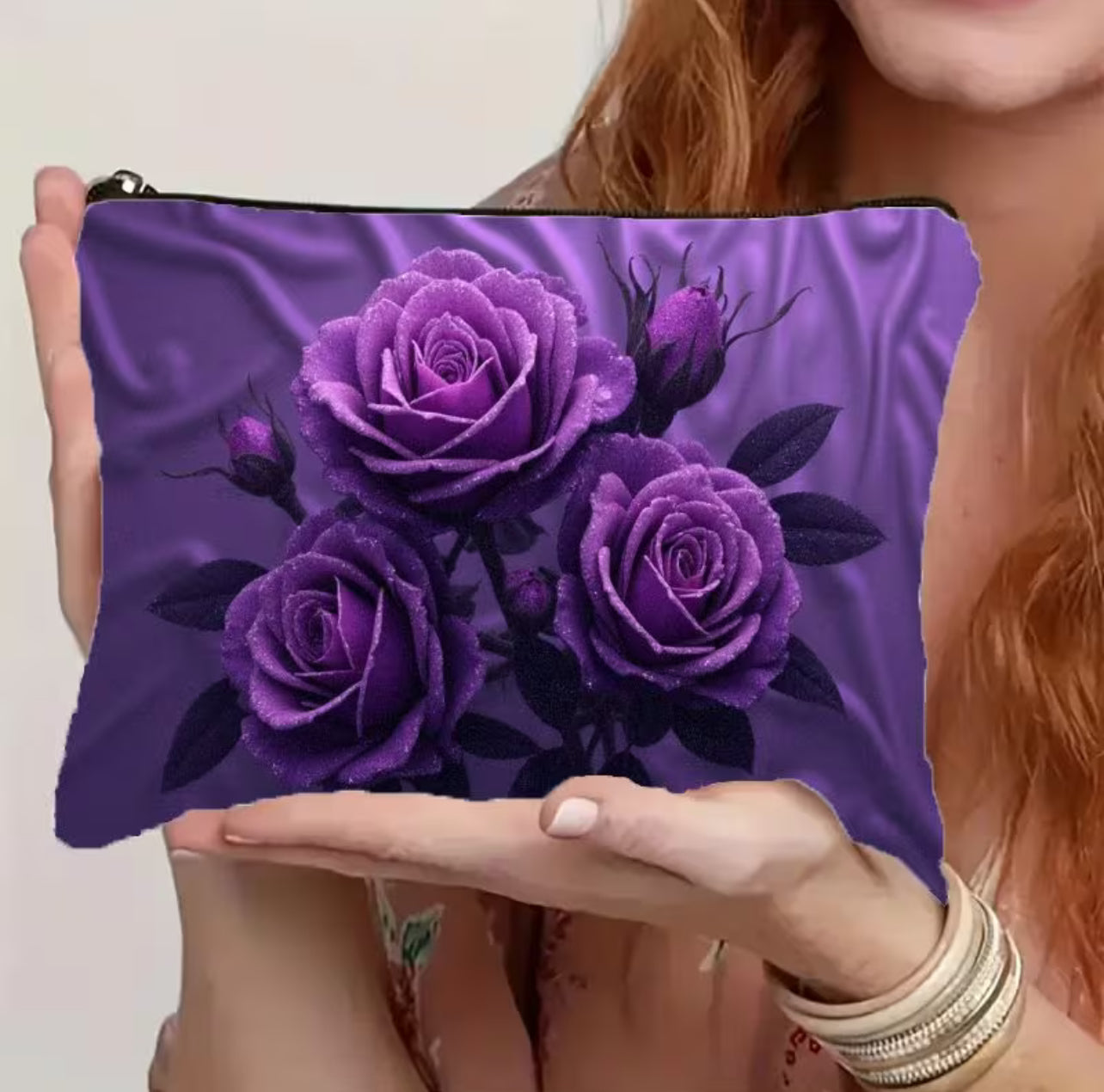 Pochette Trucco Elegante con Rose Viola – Beauty Case da Viaggio Impermeabile e Organizer Cosmetici