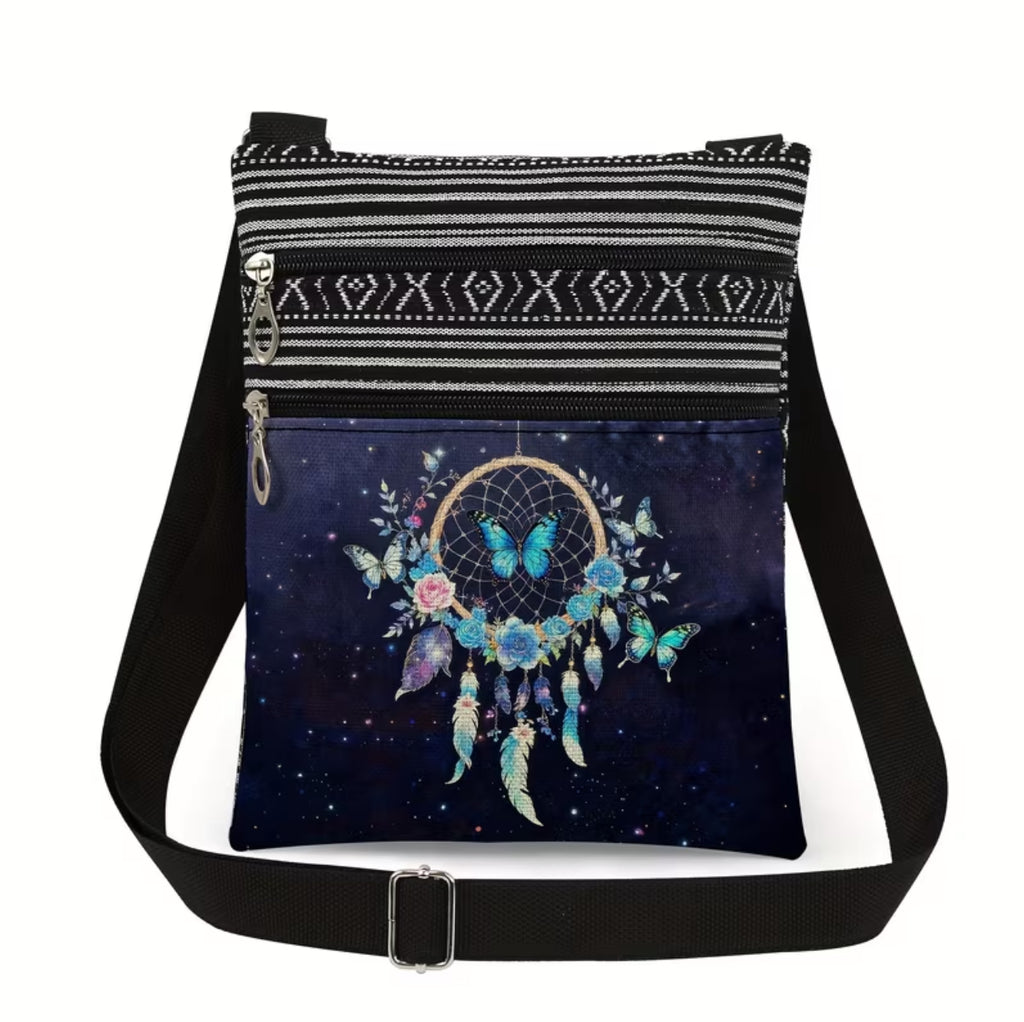 Borsa a Tracolla Etnica Dreamcatcher - Messenger Bag con Farfalle Blu e 2 Zip