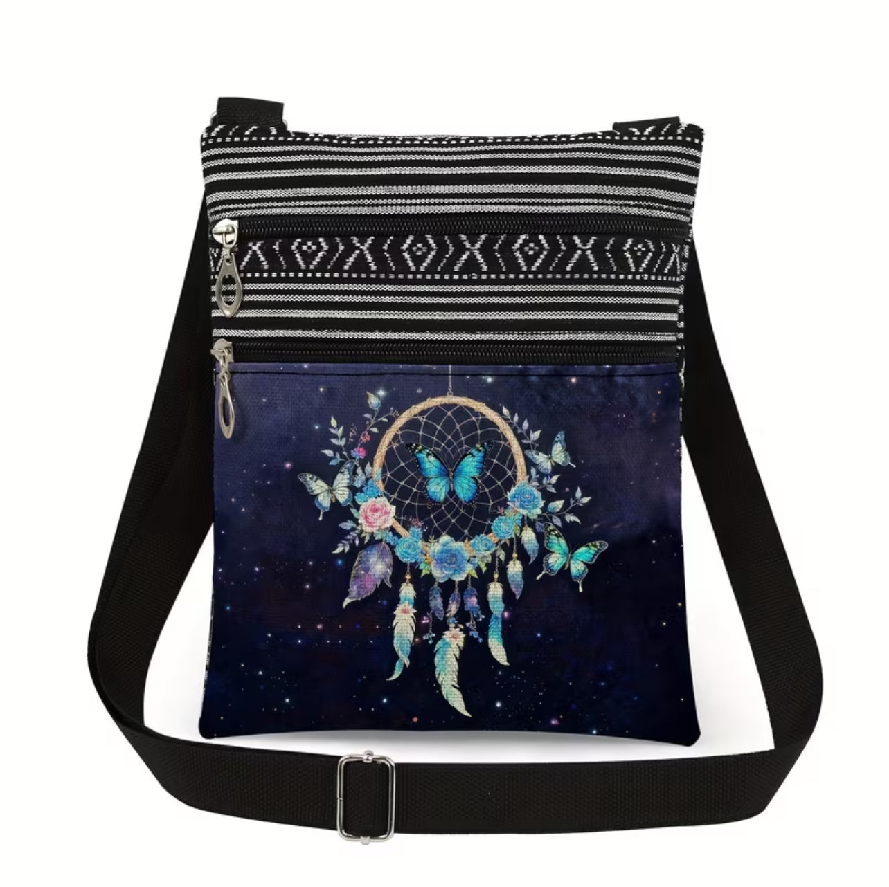 Borsa a Tracolla Etnica Dreamcatcher - Messenger Bag con Farfalle Blu e 2 Zip